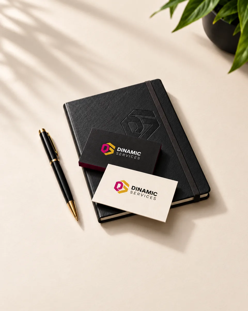 Tarjetas de Dinamic Services sobre una libreta negra con identidad de marca