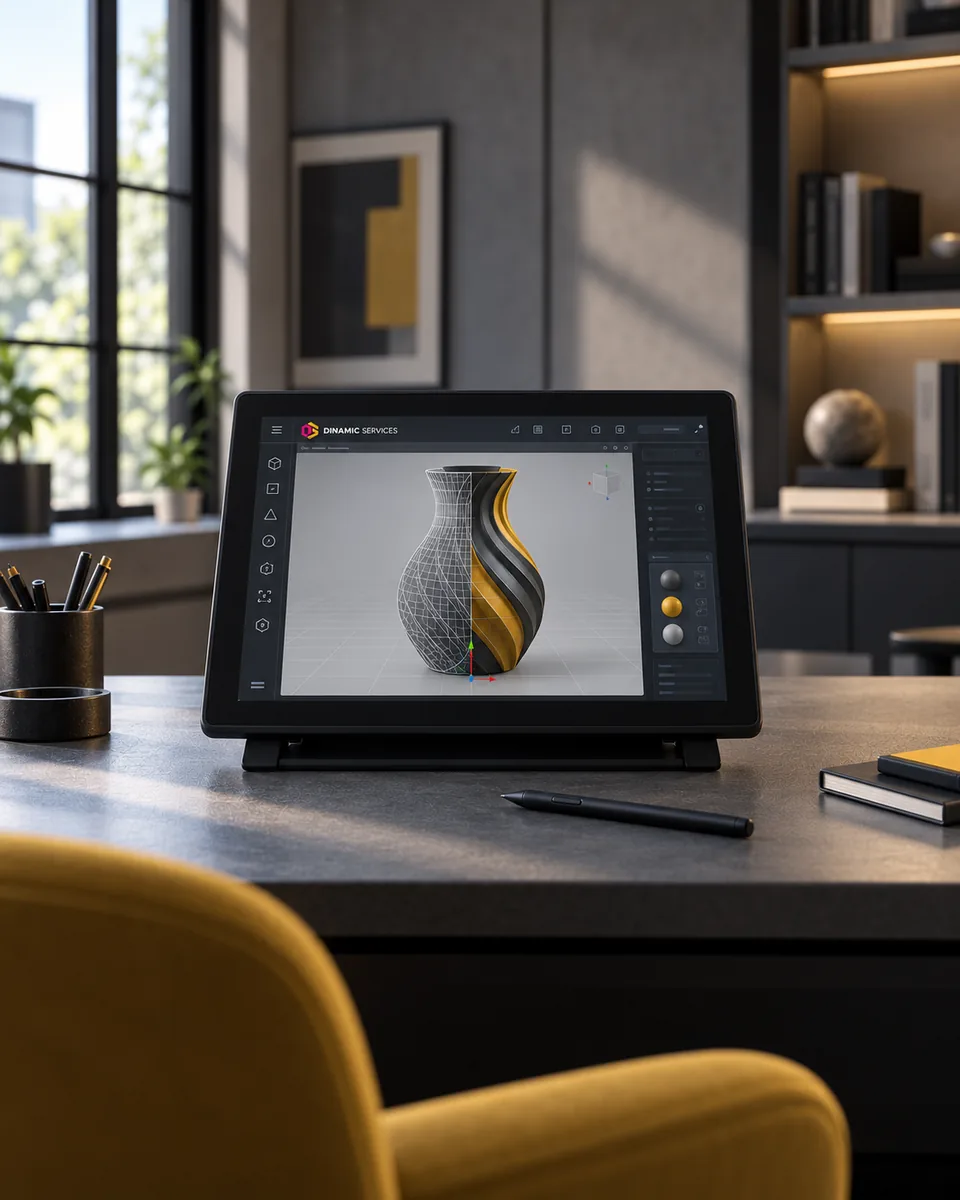 Pantalla de diseño con un modelo 3D digital de una vasija en malla y render